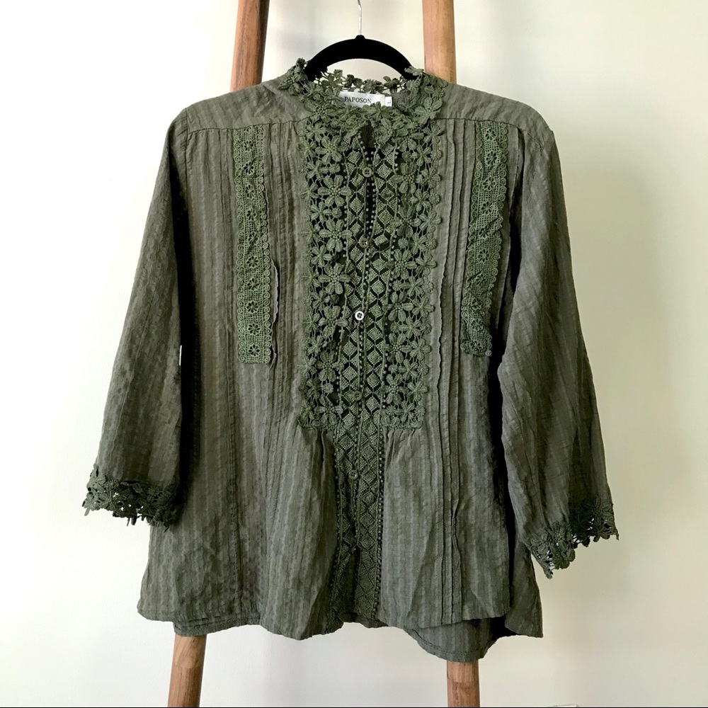 Olive Green Embroidered + Lace Detail Tunic